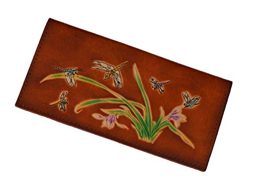 Bpleathercraft Genuine Leather Checkbook Cover, Dragonflies & Iris Flower Pattern (Brown) #TOP12