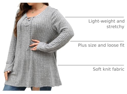 Image of Nemidor Women Plus Size Casual Tunic Top Drawstring V Neck Long Sleeve | 1X-5X plus, ribbed knit, long sweater, solid, semi-fitted flattering cut for curvy women, Fall, Winter, work, daily, dinner