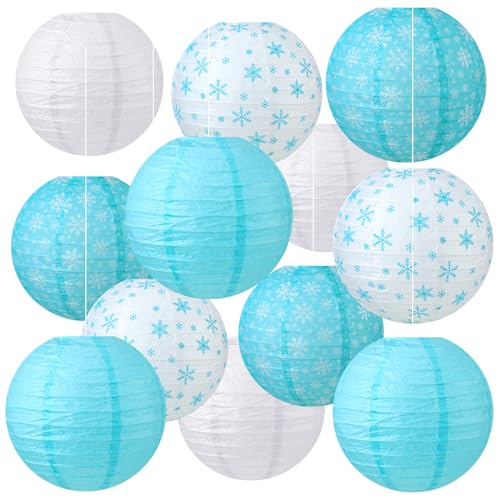 Image of Panelee 12 Pcs Winter Party Decorations Paper Lanterns 8 Inch Blue White Round Hanging Paper Lanterns for Winter Office Classroom Decorations Indoor Outdoor