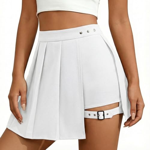 TRIWORKS Weißer Rock für Damen A-Linie Hosenrock Asymmetrisch mit Schnalle und Reißverschluss elastischer Bund für Alltag & Sommer XL