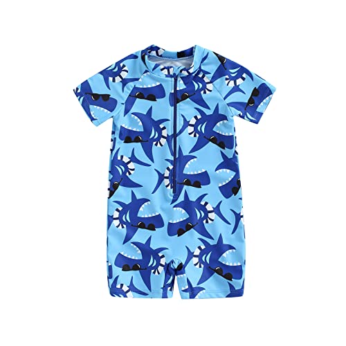 MoccyBabeLee Maillot de Bain Une pièce pour bébé garçon avec Fermeture éclair Rashguard, Requin Bleu, 3-4 Ans Cover