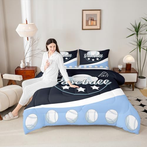 Image of Feelyou Kids Baseball Comforter Set King Size Blue White Baseball Game Bedding Set for Boys Girls Sport Theme Duvet Set Softball Lover Quilt Set 2Pcs