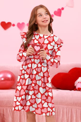 Valentine's Day Girls Ruffle Shoulder Long Sleeve Tunic Midi Dress 4-12 Years4