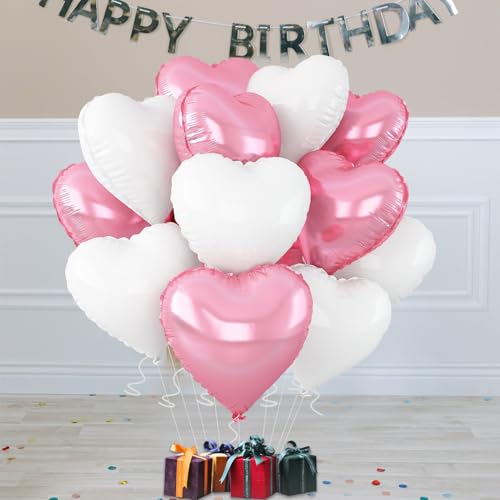 Image of White-Pink Heart Balloons,18inch Bright Pink Heart Shaped Foil Balloons & Snowy White Helium Mylar Balloon for Anniversary Wedding Engagement Birthday Party Baby Shower Decorations