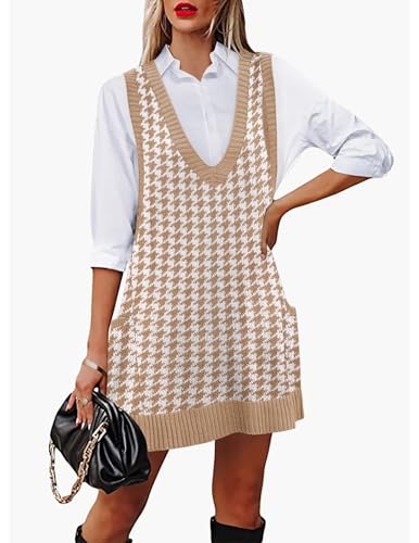 Image of HOTOUCH Women Sweater Vest Oversized V Neck Sleeveless Knit Pullover Ribbed Vest Dress with Pockets