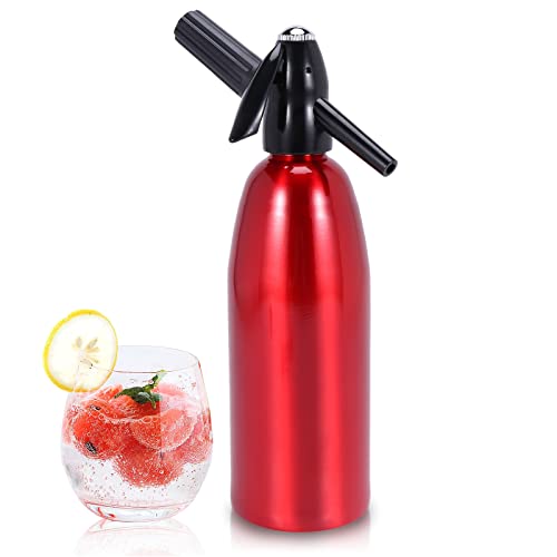 Qudubuy 1L Portable Aluminum Sparkling Water Maker, Nostalgic Home Soda Syphon for DIY Carbonated Soda Water, Siphon Bottle Kit for Refreshing Seltzer, Cocktails, Juices and Fizzy Drinks (Red)