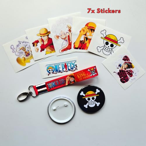 Image of TenorArts Luffy Gift Box One Piece Merchandise for Fans - 5x7 Inches Laminated Photo Frame,1 Luffy Keychain, 1 Badge, 4 4x6 inches One Piece Posters, 7 Multi sized Stickers - 5 items in 1 Box | Perfect for Gifting Anime Fans