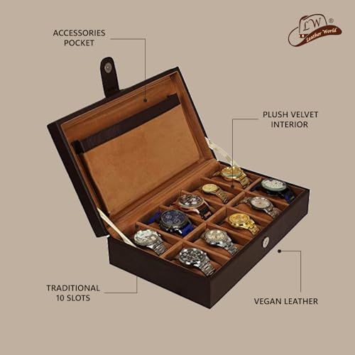 Image of Leather World Faux Leather Watch Box Organizer - Watch Case Box Men - Watch Organizer Storage Tray Women - Wrist Watch Holder 10 Slots - Sleek And Display Case - Brown