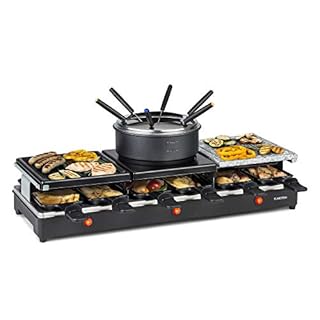 KLARSTEIN Fonduelette XL - Gril raclette et fondue 3 en 1, 1650 W, gril 3 en 1: plaque métal/pierre naturelle/crêpes, éléments chauffants en inox, jusqu'à 12 pers., revêtement antiadhésif - noir