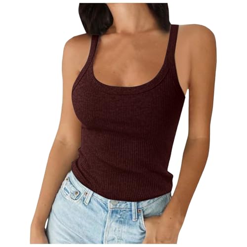 2026 - Camiseta sin mangas para mujer, cuello con tirantes delgados, acanalada, camiseta básica sin mangas, Rojo ladrillo, XS