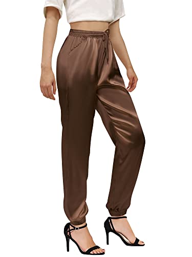 Betusline Women's Solid Color Drawstring Waistband Satin Silk Casual Jogger Pants with Pockets, Brown, US X-Large = Tag XL by Betusline - Image 4
