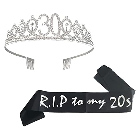 Joyiou 30th Birthday Sash and Tiara Set, Funny 30th Birthday Gift for Women, RIP to My 20s Sash, 30 Years Old Birthday Party Decorations, Death to My Youth Party Supplies Favor Supplies Cover
