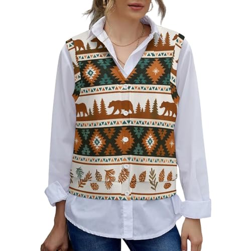 Emoming Brown Teal Bear Aztec Print Women V Neck Sweater Vest Knit Sleeveless Cardigan Fashion Knitwear Tank for Casual Wear XL