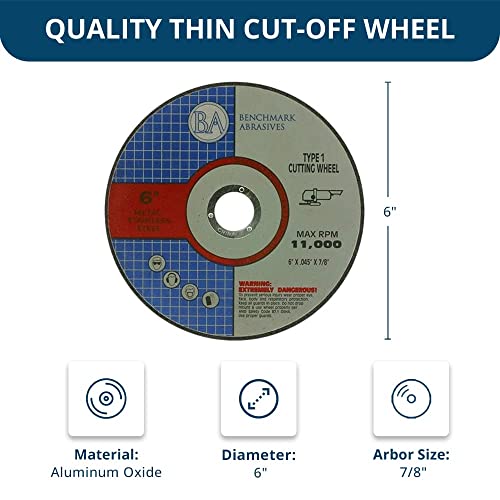Image of Benchmark Abrasives Aluminum Oxide Thin Type 1 Cut Off Wheels for Metal and Stainless Steel, .045in Thick, 7 /8in Arbor (6 inch | 100 Count)