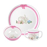 Picture of Portmeirion Botanic Garden Terrace 3-Piece Dinner Set - Bunny Motif with Pink Accents, BPA-Free Melamine Plate, Bowl, Mug - Shatterproof & Dishwasher Safe, Kids' Play Kitchen Accessories