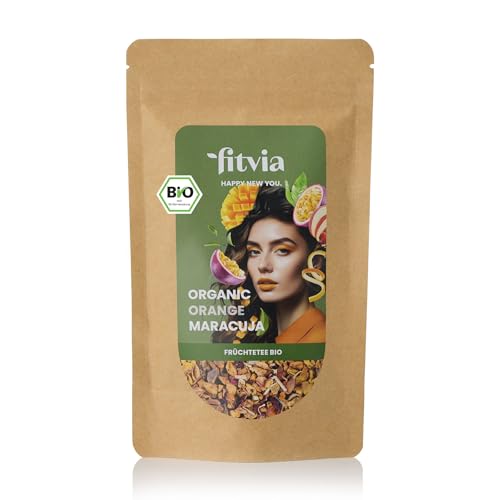 fitvia Bio Früchtetee Organic Orange Maracuja – 100g loser Tee mit Mango & Maracuja – Früchtetee ohne Zuckerzusatz, ohne Stevia, mit echten Fruchtstücken – Made in Germany