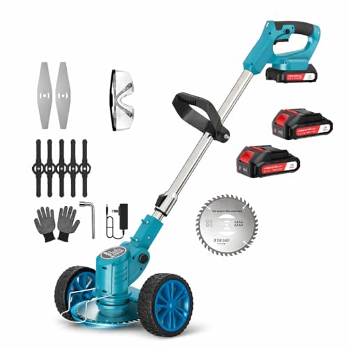 Decespugliatore a Batteria 48V max con Ruote, Tagliabordi Elettrico Multifunzione, 2 Batterie Incluse, Altezza Regolabile 90-120cm, Testina Orientabile 90°, Leggero, Ideale per Prato, Erbacce e Rovi
