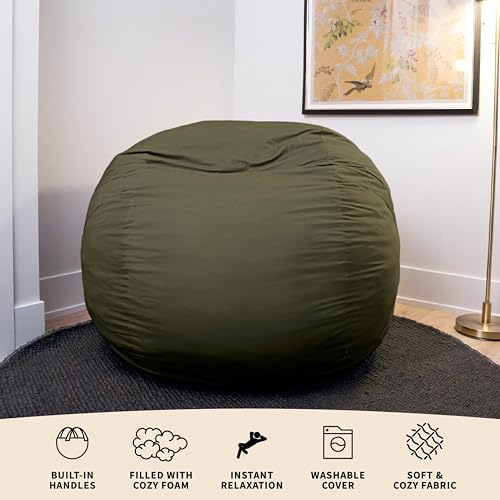 Image of Big Joe Fuf 5Ft Oversized Foam Bean Bag Chair with Removable Cover for Kids, Teens, Adults, Forest Green Velveteen, Durable Woven Polyester, 5 Foot Large Reading and Gaming Seat | Premium Shredded Foam Filled, Velveteen, Adult-Sized Comfortable Seating, Supports Up to 300 lbs