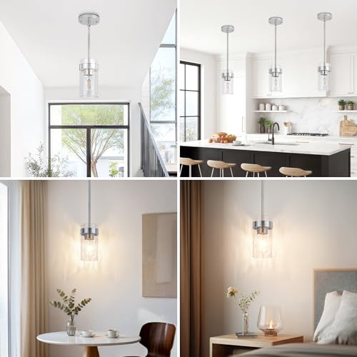Image of Water Ripple Glass Pendant Lights Kitchen Island Brushed Nickel, 3 Pack | Adjustable Modern Mini Hanging Light for Sink Dining Room Foyer Entryway