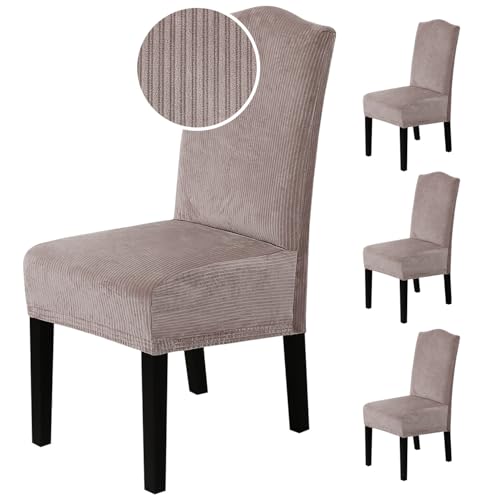 H.VERSAILTEX Velvet Dining Chair Covers Stretch Chair Covers for Dining Room Set of 4 Parson Chair Slipcovers Chair Protectors Covers Dining, Soft Thick Solid Velvet Fabric Washable, Taupe Striped