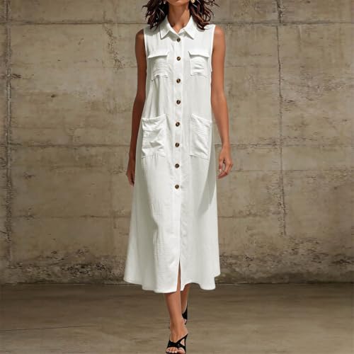 Robe décontractée sans manches en version longue robe chemisier unie