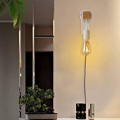 Sunllok Modern Plug In Cord Wood Wall Lamp Rustic Lift Pipe - Rustic Pendant Light Adjustable Hanging Wall Mount Lights - Industrial Wall Sconces Fixture Decor For Indoor Living Room Bedroom (White) #TOP6
