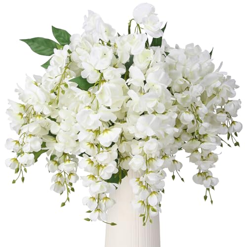 Veryhome Artificial Wisteria Flowers Fake Wisteria Vine Hanging Silk Flowers Bouquets for Wedding Decorations Home Kitchen Garden Party Decor(White 1pcs)