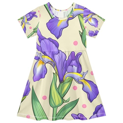 Toddler Girls Dresses 2t Purple Iris Flowers Green Leaves Beige Summer Short Easter Casual Dress Children