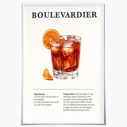 Boulevardier Cocktail Recipe Poster Wall Art Decor for Home Bar Kitchen Office Dining Room Posters16x24inch Unframed