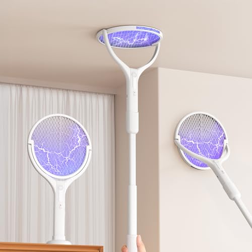 BKXCHA Raquette Electrique Insectes Puissante 4000V avec Perche Télescopique & Tête Rotative, 1800mAh Recharge USB Raquette Moustique Electrique, 2 en 1...