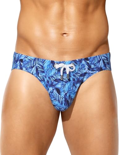 Arjen Kroos Men's Swim Briefs Sexy Bikini Swimwear Mens Funny Print Swimsuit Low Rise Swimming Briefs with Drawstring, Blue Leafs, Medium