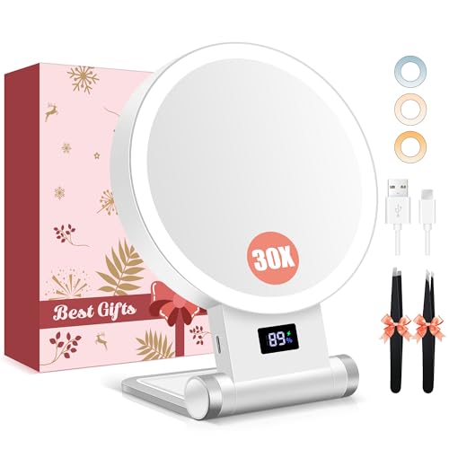 B Beauty Planet Magnifying Mirror with Light 30X Double-Sided 1X/ 30X Magnifying Makeup Mirror with Tweezer 2000mAh 3 Color Modes with Adjustable Brightness Foldable Compact Travel mirror(White)