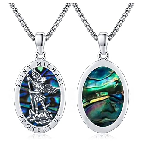 Brisskaari St Michael Archangel Medal Necklace 925 Sterling Silver Oval Catholic Saint Michael Pendant Protector Patron Saint Jewelry for Women Men (Green) Cover