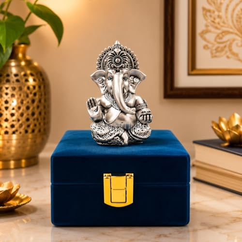 Image of Gold Art India Ganesh Idol 999 Silver Plated Antique Matte | 3 x 2 Inch Ganesha Murti with Peacock Blue Velvet Gift Box | Home Temple, Office Desk & Spiritual Gift