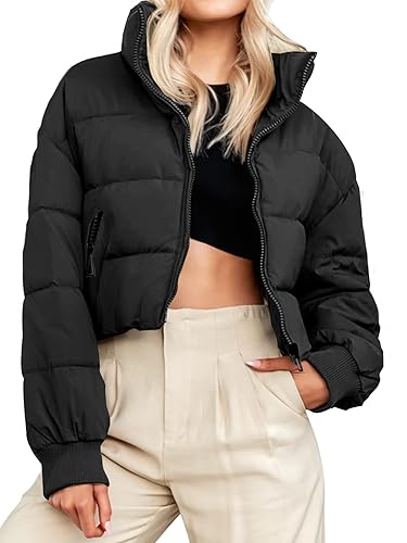 MEROKEETY Women's 2025 Winter Cropped Puffer Jacket Long Sleeve Oversized Stand Collar Zip-Up Short Coat