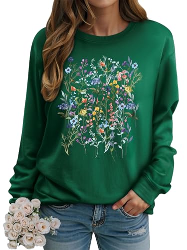 Dresswel Women's Sweatshirts Vintage Wildflowers Botanical Floral Graphic Print Crewneck Long Sleeve Tops Ladies Jumpers Basic Cotton Pullover