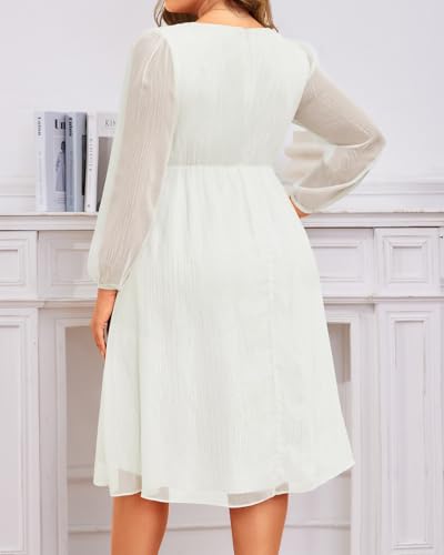 Image of Plus Size Wedding Guest Dress - Formal Long Sleeve A Line V Neck Midi Dress | Formal fall wedding guest dress, A-line pleated midi style with long sleeves & V-neck for curvy women.