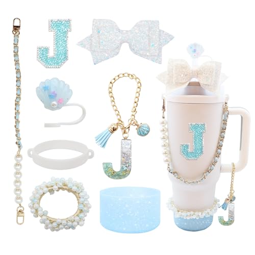 8PCS Stanley Cup Accessories set for 40oz & 30oz Tumbler with Handle,Including Straw Topper,Boot,Water Bottle Handle Strap,Straw Bow Decorate,Bracelets,Letter Charm,Initials Sticker,Cup Ring(Blue J)