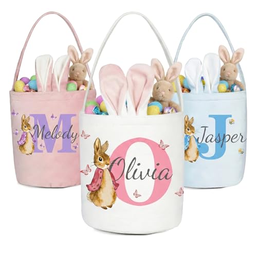 Qelarinz Personalized Easter Basket for Girls Boys with Name & Initial Custom Enlarged Velvet Easter Baskets for Kids Egg Hunt Basket Cute Bunny Ear Tote Bag Gift Bag for Candy Toys