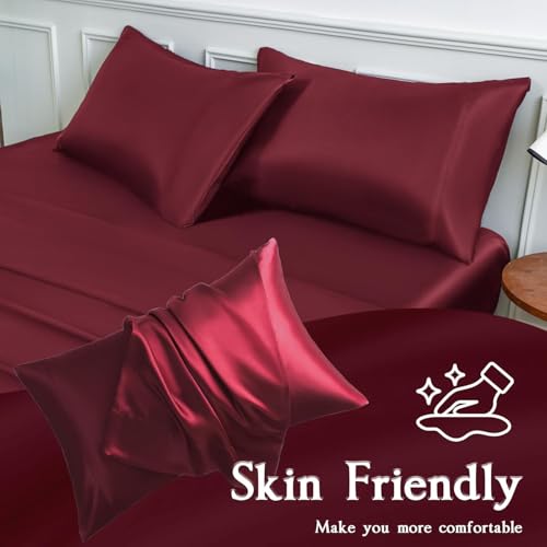 Image of Craftelio Satin Pillow Covers Set of 2 with 3 Free Random Color Hair Scrunchies - Anti-Frizz, Skin-Friendly, Soft & Durable Pillowcase Set for All Hair Types (Burgundy)