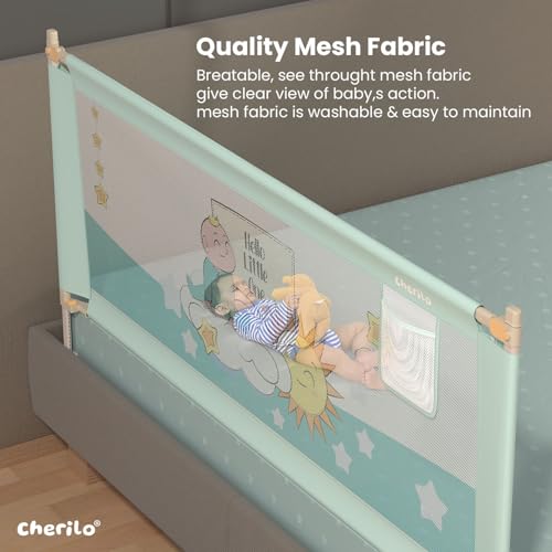Image of Cherilo Bed Railing for Baby Safety - Foldable & Height Adjustable Railing for Toddler's Safety, 180cm x 73cm Protector for Baby, Collapsible Bed Protector Side Walls - Sea Green