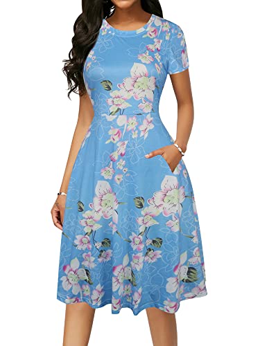 Image of oxiuly Women Casual Dress Round Neck Soft Cotton Floral A-Line Midi Summer Dresses with Pockets OX262