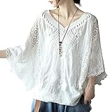 [Bidason] ブラウス レディース レース シャツ ドルマンスリーブ Vネック 半袖 コットン UVカット 冷房対策 ゆったり 体型カバー 大人抜け感 可愛い おしゃれ 知的 カジュアル 普段着 夏
