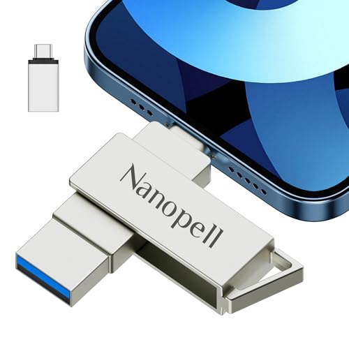 Nanopell Pendrive 256 GB, Pendrive para iPhone Almacenar más Fotos y Vídeos. Memoria Externa iPhone para i0S/Android/PC, con Adaptador Tipo-C Separado. Los Dispositivos i0S Deben Descargar la App.