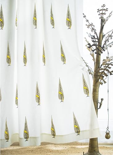 Image of Tranquebar Curtain Co. Cotton Curtains 9 Feet Long Set of 2, 60-65% Room Darkening, Yellow Ethnic Curtains Bird Print, 9 Feet Curtains Set of 2, BackTabs, Tori (274 cm) - Set of 2