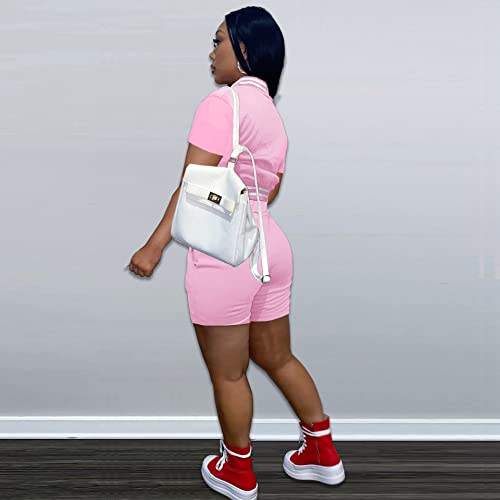 Kelovepan 2 Piece Sweatsuits For Women Sweatsuits Patchwork Tracksuits Short Sleeve Button Down Crop Bomber Varsity Jacket Pant Set Pink M, F188 Pink #TOP2