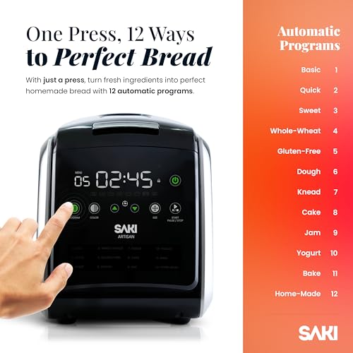 SAKI Bread Maker Machine, 3 LB XL 12-in-1 Programmable, BPA-Free & Nonstick Ceramic Pan, Digital Touch Panel, 3 Loaf Sizes, 3 Crust Colors, Gluten-Free, Dough, Jam, Yogurt, Keep Warm, Recipes