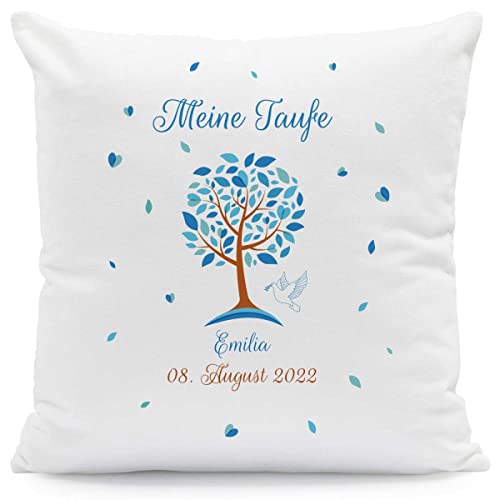 GRAVURZEILE Cojín con diseño de árbol de la vida - Regalo para bautizo - Personalizado con nombre y fecha - Regalo para bebé para niños y niñas - Tamaño con relleno, color azul