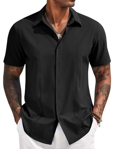 COOFANDY Mens Short Sleeve Cuban Guayabera Shirt Casual Summer Beach Tops Button Down Untucked Shirts, Black, M