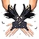BGTLJKD Spitzenhandschuhe Federn, Damen Schwarz Feder Spitze Fingerlose Lange Handschuhe, Handschuhe 20er Jahre mit Federn, Handschuhe Karneval für Hochzeit Halloween Fasching Cosplay Party